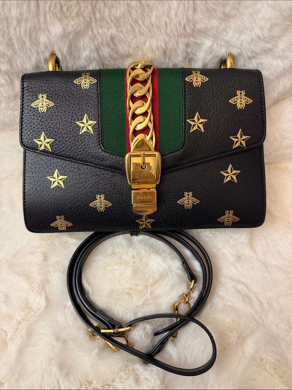 Gucci Black Leather Shoulder Bag with Gold Bee & Star Motif